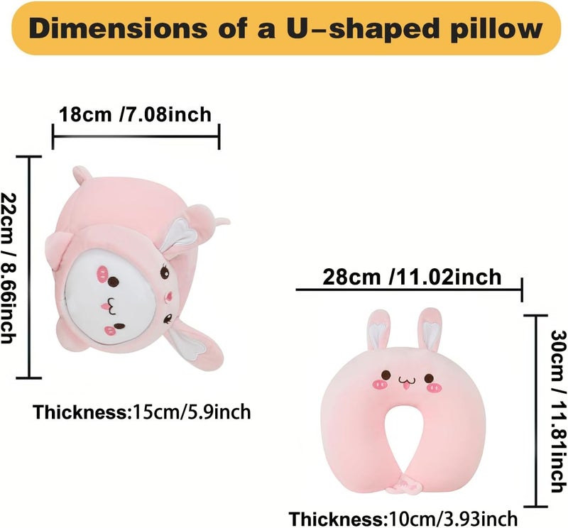 stocaggio Kids Travel Pillow - 2-in-1 Deformable Kids Neck Pillow for Traveling, Soft U-Shaped Pillow with Adorable Animal Design, Comfy Sleep and Play, Ideal for Airplanes and Traveling (QQ Pink Rabbit) - Image 2